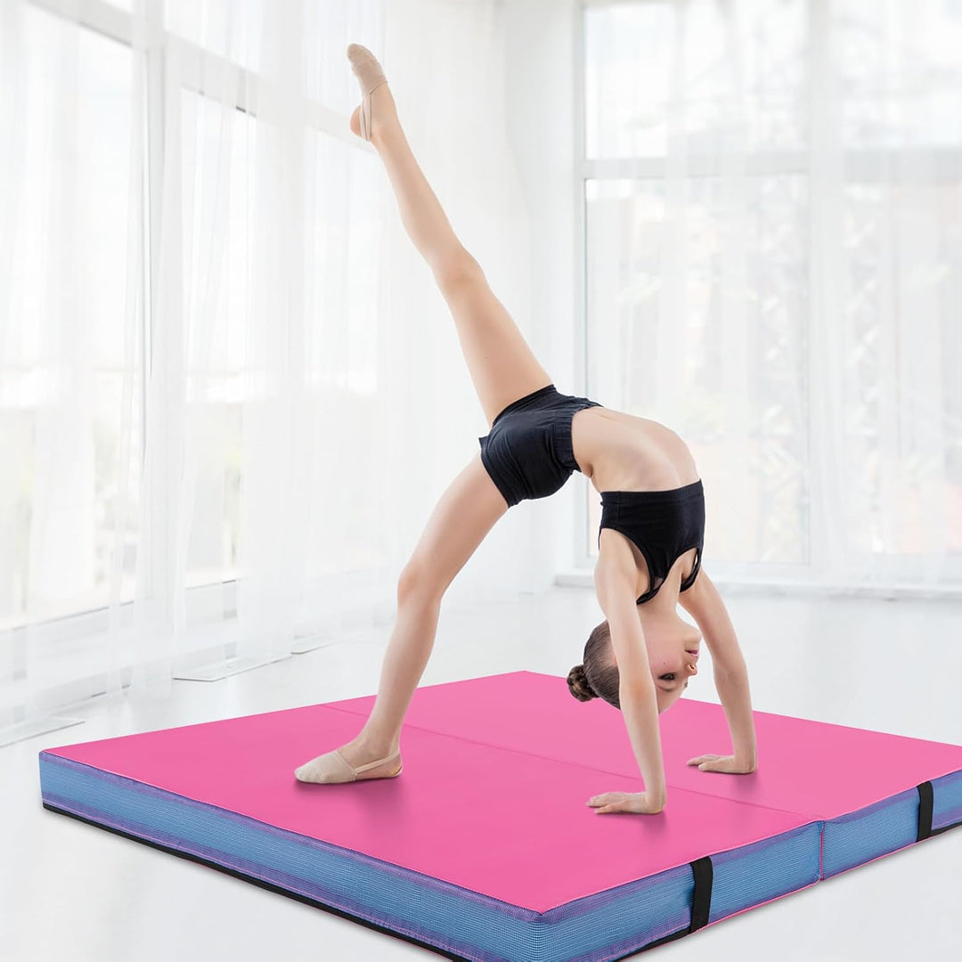 GYMAX Weichbodenmatte, 122 x 122 x 10 cm Klappbare Turnmatte mit Kunstlederbezug & Tragegriffen, Gym