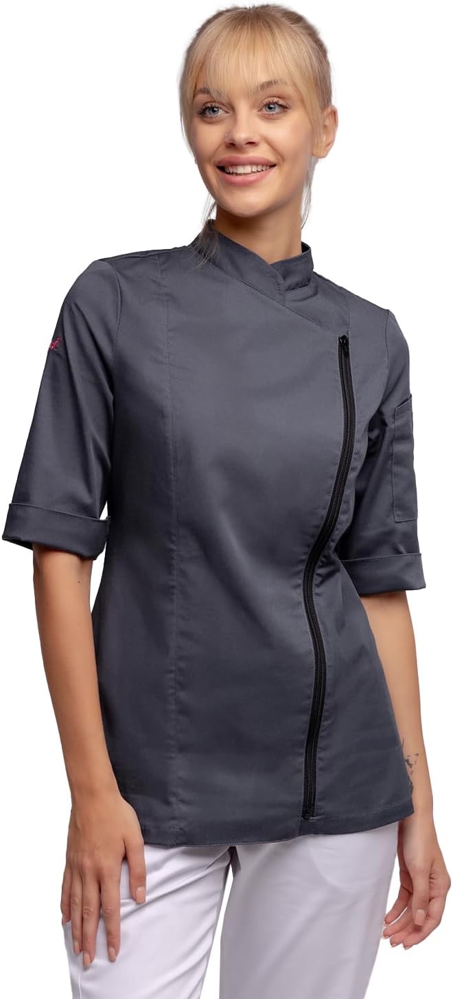 strongAnt Kochjacke Damen kurzarm Stretch mit Druckknöpfen oder Reissverschluss Kochuniform XS Grau