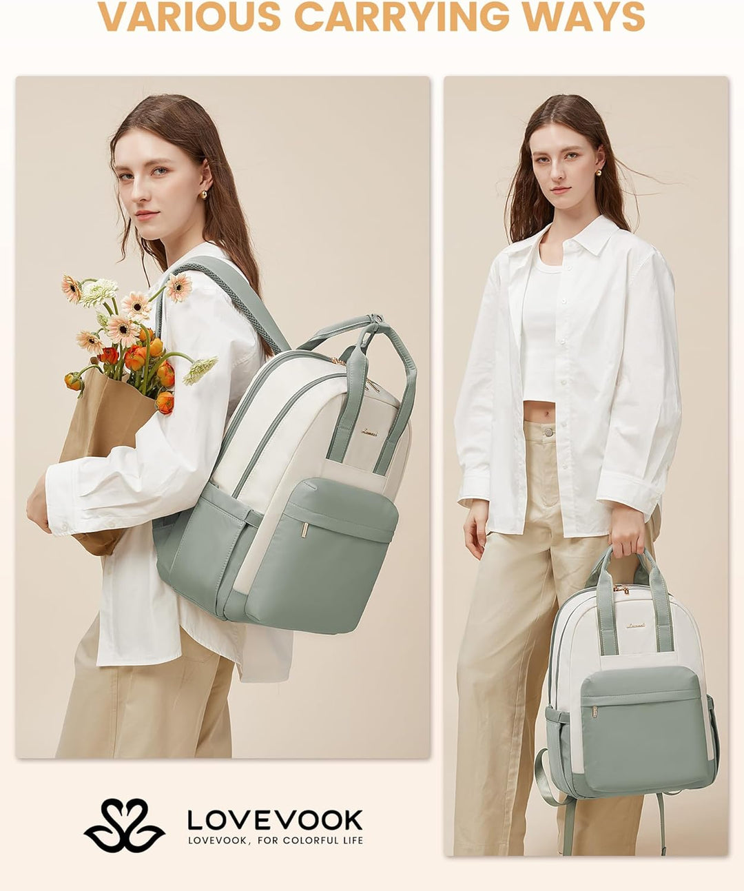 LOVEVOOK Rucksack Damen Gross, 17,3 Zoll Laptop Schultasche Mädchen mit Laptopfach, Wasserdicht Reis