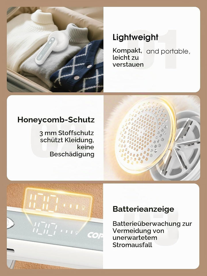 COPPA Fusselrasierer, Wiederaufladbar Fusselrasierer Elektrisch 6 Klingen 3 Geschwindigkeiten Tragba