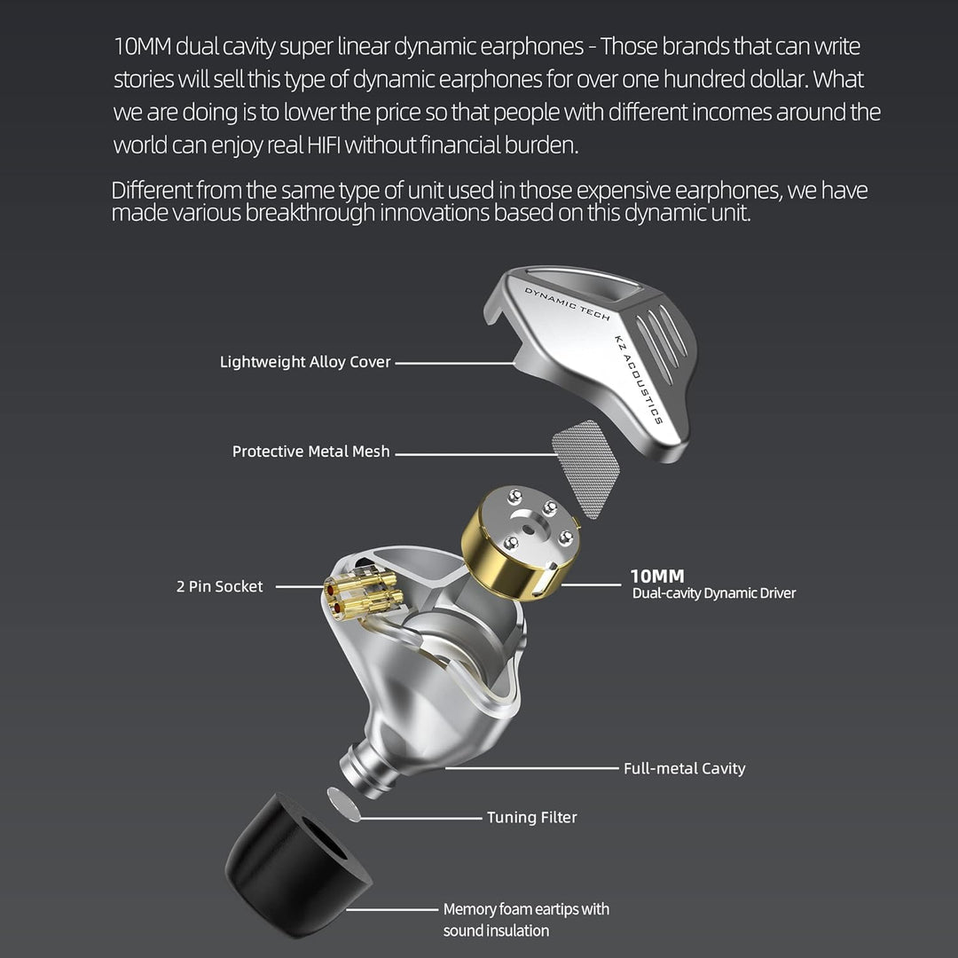 Yinyoo KZ ZVX 10 mm Dual Cavity Super Linear Dynamic Driver HiFi In-Ear-Kopfhörer, KZ Neu verdrahtet