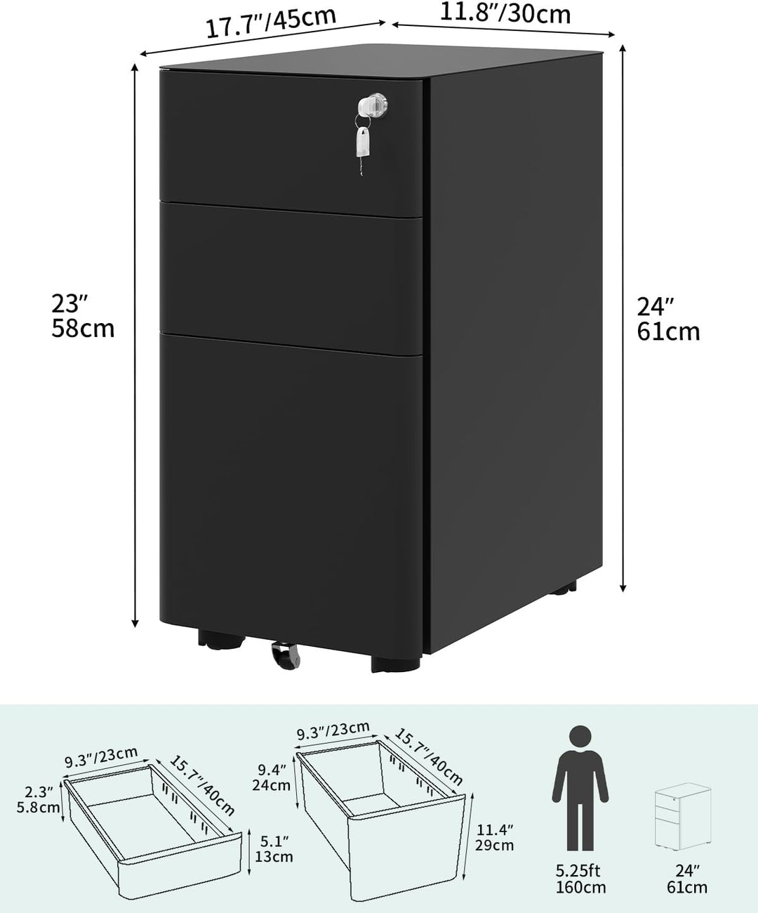 YITAHOME Rollcontainer mit 3 Schubladen, Metall Abschliessbar Aktenschrank für A4, Legal, Letter, Mo