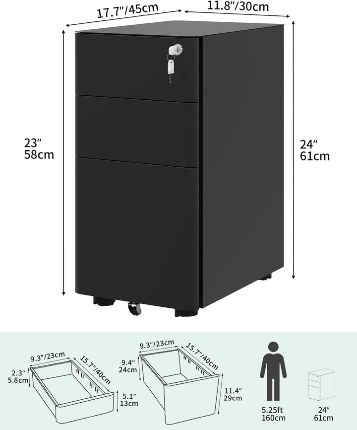 YITAHOME Rollcontainer mit 3 Schubladen, Metall Abschliessbar Aktenschrank für A4, Legal, Letter, Mo