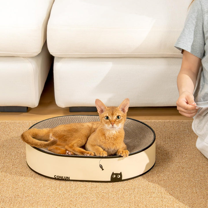 Conlun Katzen-Kratzbrett, Ovales Kratzpappe für Katzen, 2-in-1 Design aus Naturkarton, Kratzsofa-Lou