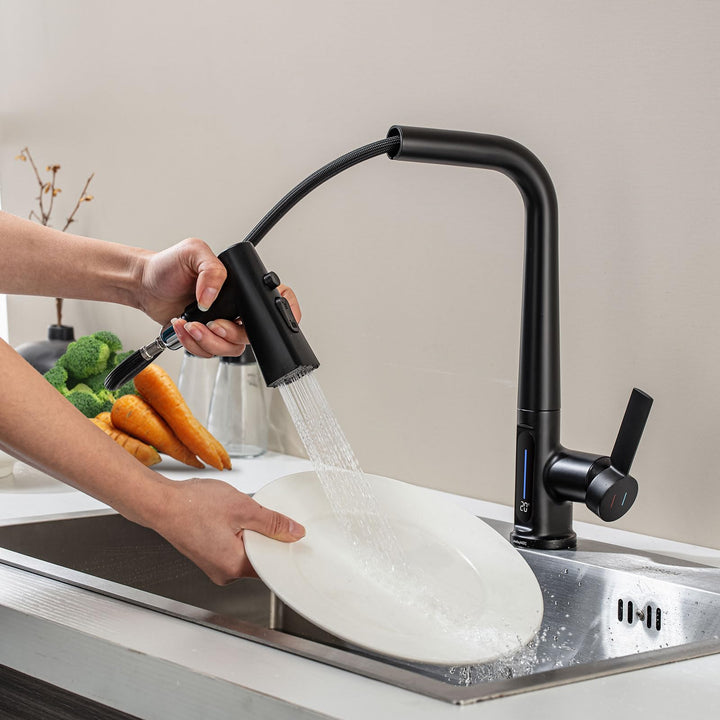 Wasserhahn Küche Mit Brause Ausziehbar,Küchenarmatur 360°Schwenkbar Spültischarmatur LED Temperatura