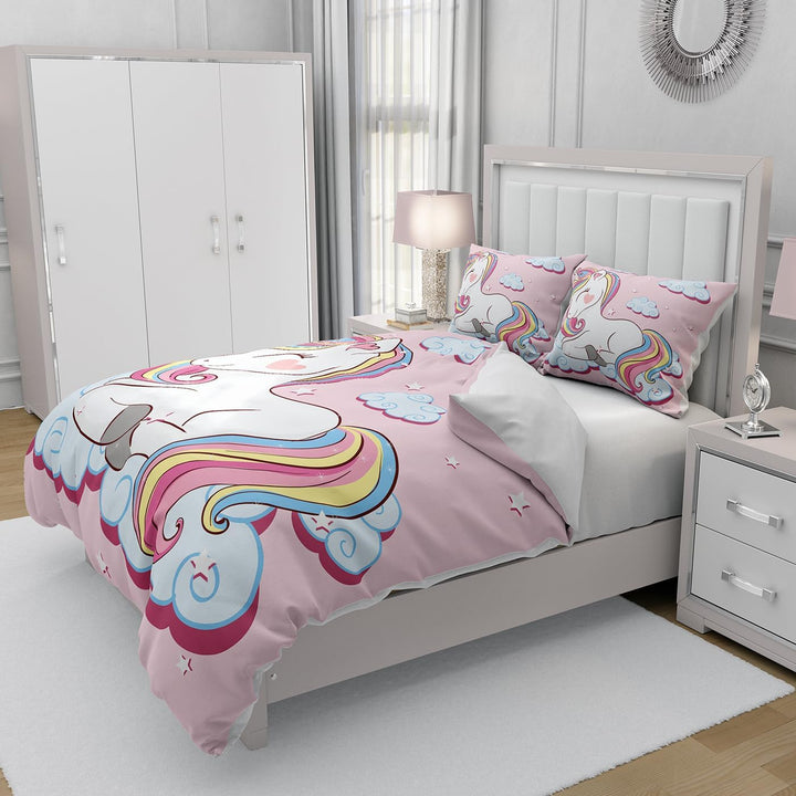 TSOPEFI Rosa Einhorn Mädchen Bettwäsche Set,Cartoon Einhorn Muster Kinder Bettbezug Set,Regenbogen W