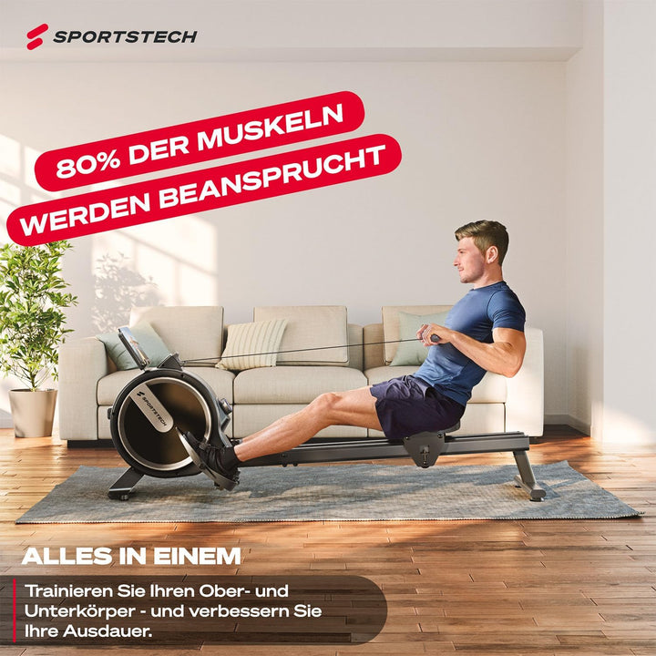 Sportstech PROwer Rudergerät für Zuhause, 32 Stufen Magnetwiderstand, LED Display, Dual Slide Rail,