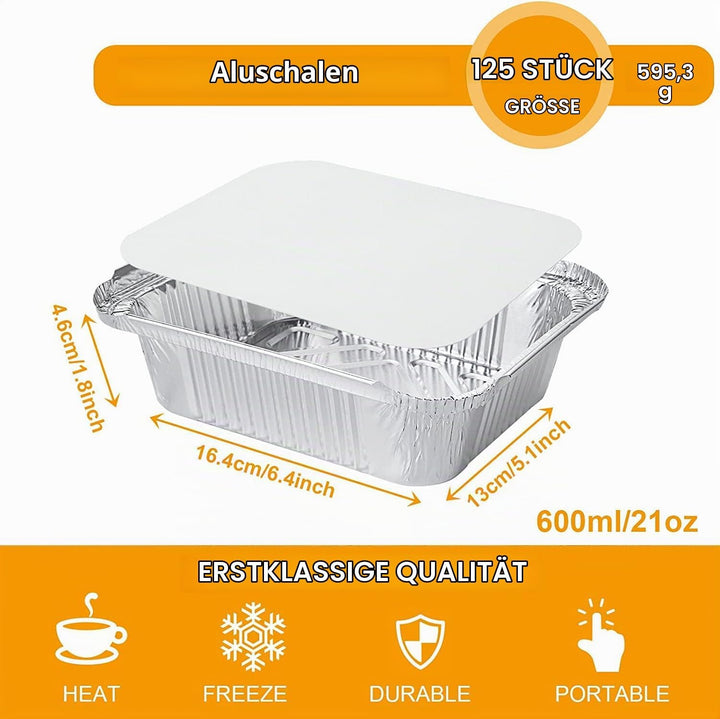 MIVIDE 125 Stück Grill Aluschalen mit Deckel, 600ml Alu Grillschalen, Einwegschalen aus Aluminium fü