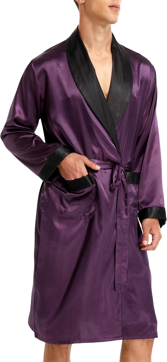 Herren Satin Bademantel, Leichter Seiden Langarm Bademantel mit Shorts Set, Spa Kimono Nachtwäsche L