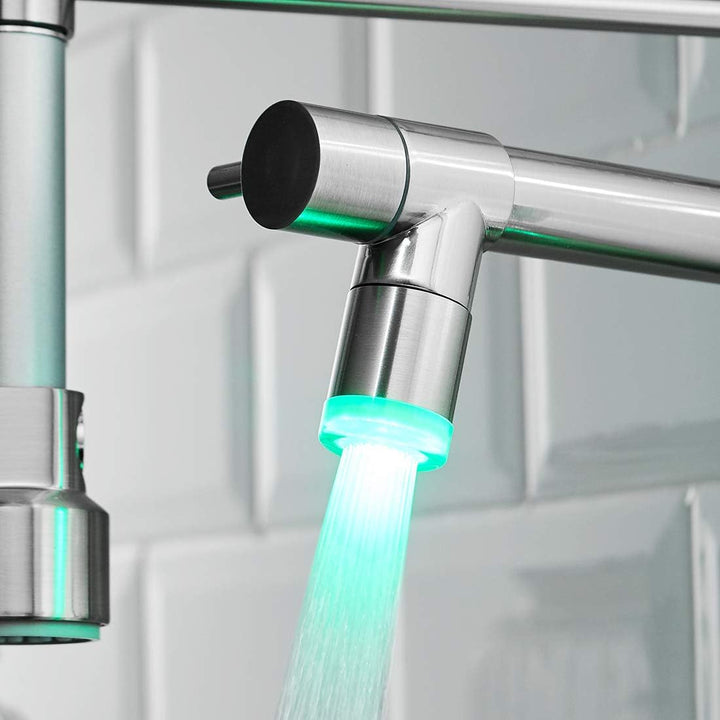 TIMACO LED Küchenarmatur mit Spiralfeder, 360° Schwenkbare Spültischarmaturen mit Zwei Auslauf, Wass