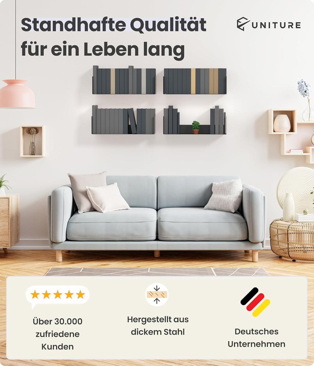 UNITURE® - 2er Set - Wandregal schwarz - Moderne Regal Wand Design - 2x42 cm Bücherregal schwebend,
