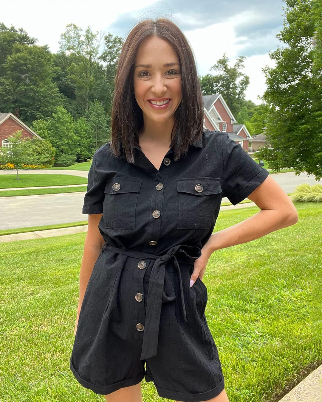 Roskiky Damen Sommer Taschen Gürtel Strampler Knopf Kurzarm Jumpsuit Playsuit XS Schwarz, XS Schwarz