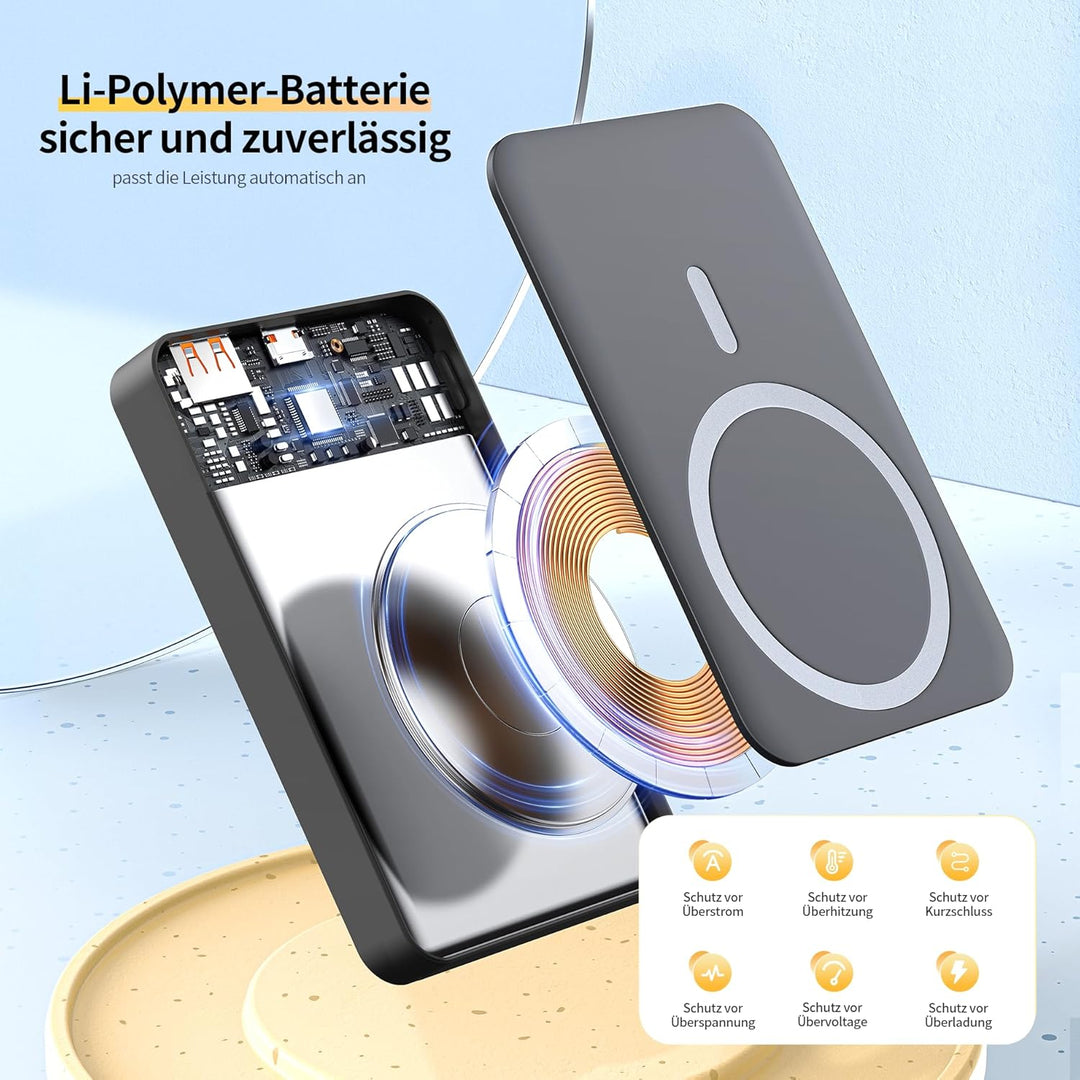 PORTENTUM Powerbank für Magsafe Schnellladefunktion 10000 mAh Ultra-Slim 14 mm – Power Bank magnetis