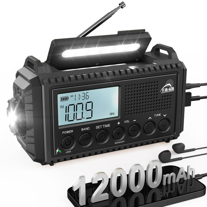 Kurbelradio mit Solar & 12000mAh Powerbank | AM/FM/SW Notfallradio, USB-C Handyladung, SOS-Alarm, Ta