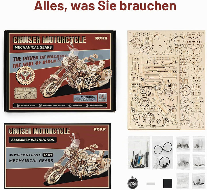 ROKR 3D Puzzle Holzbausatz Mechanische Getriebe Modell Cruiser-Motorrad für Kinder Erwachsene, Cruis