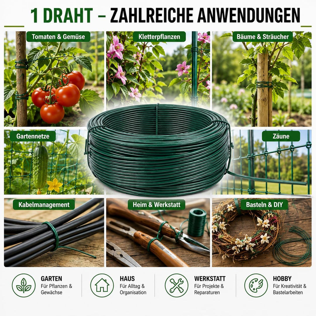 Gartendraht grün PVC ummantelt | Bindedraht für Pflanzen, Kabel, Netze, Basteln, Gartenbau – 1,4mm–2