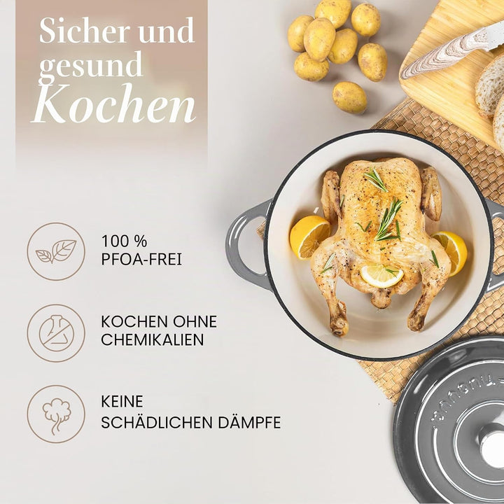 Gusseisen-Topf mit Deckel – Emaille-Schmortopf mit Antihaft, Ofenfest bis 260°C – Robuster Dutch Ove