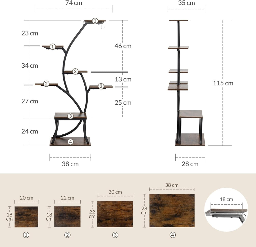 Todeco Pflanzenständer mit Wachstumslicht, 7 Ebenen Pflanzenregal Metall 115cm Baumform Holz Blumens