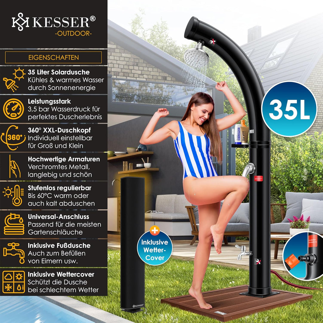 KESSER® Solar Gartendusche Solardusche Bogen Inkl. Schutzhaube warmes Wasser | 35 Liter | max. 60°C