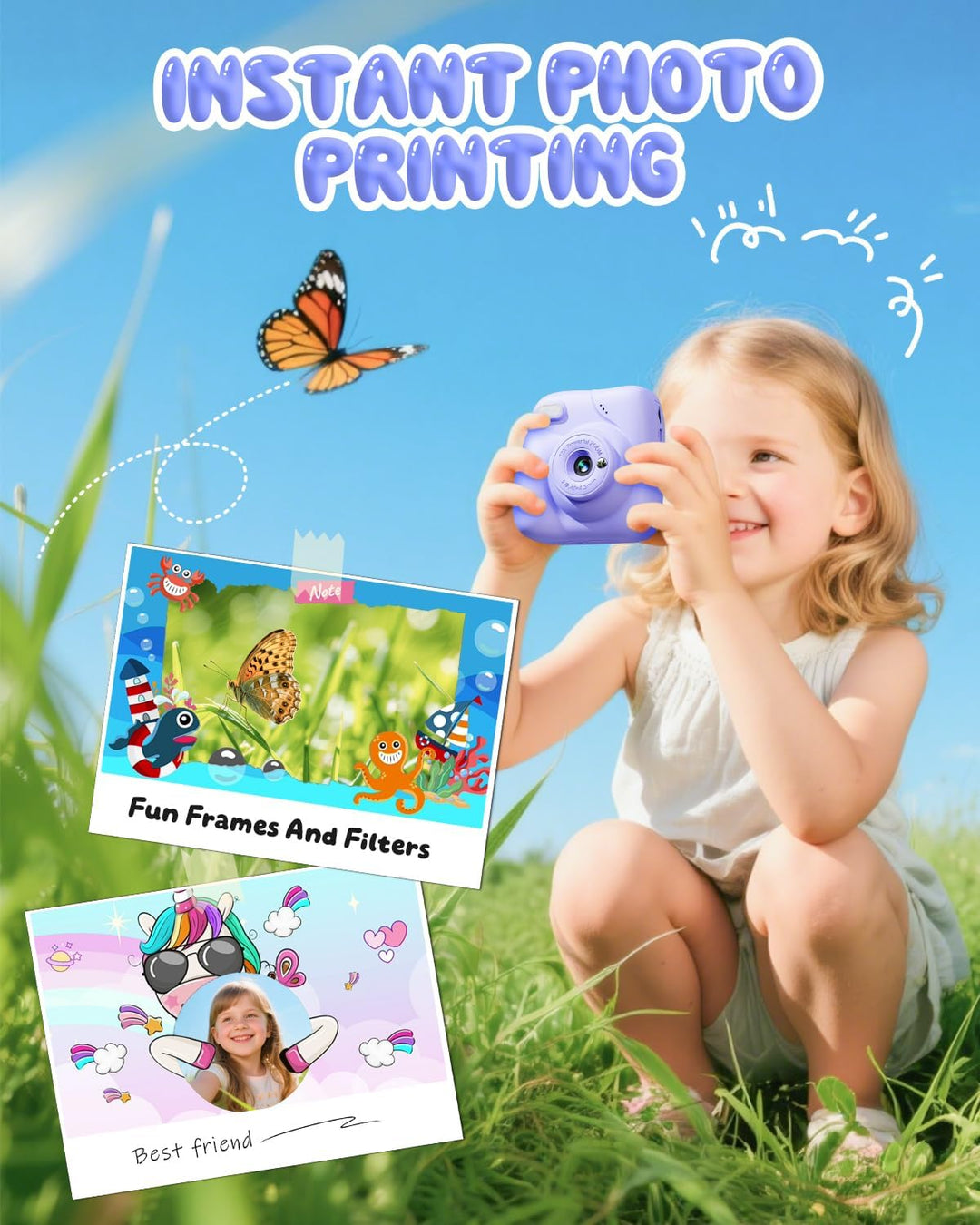 CAMCLID Kinderkamera Sofortbildkamera, 1080P Sofortbildkamera Kinder mit 32GB Karte & 3 Rollen Druck
