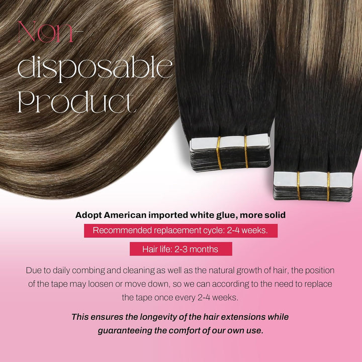 Moresoo Unsichtbare Tape Extensions Echthaar Dunkelbraune Hair Extensions Tape in 45 cm Schwarz bis