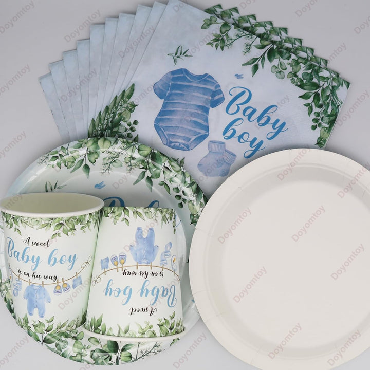 Doyomtoy Gender Reveal Partygeschirr,61Stück Babyparty Deko Junge Partygeschirr Set,Boy Baby Shower