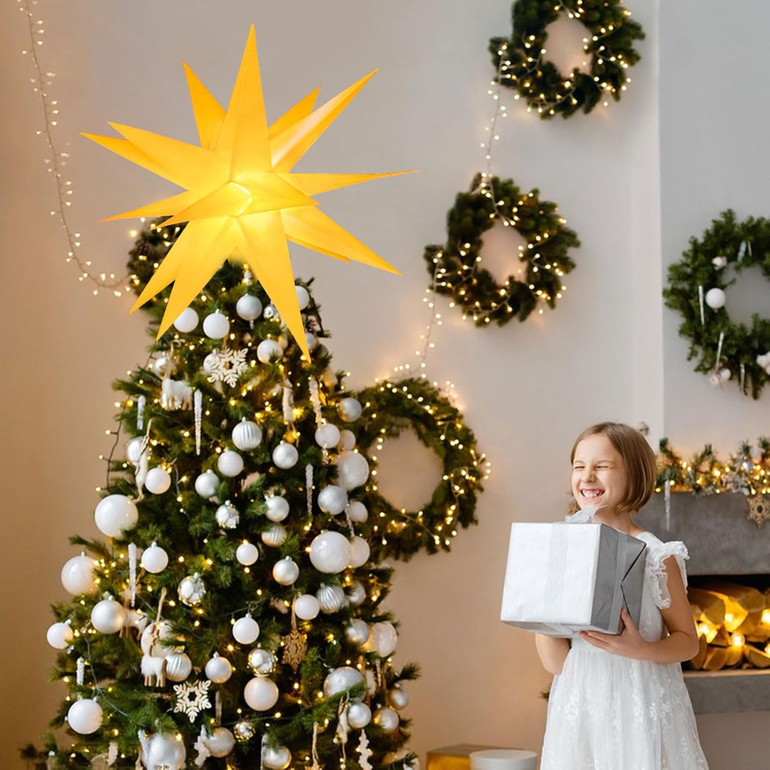 3D Weihnachtsstern Beleuchtet Fenster Batterie mit Timer - 45cm led Weihnachtsbaumspitze Stern, Leuc