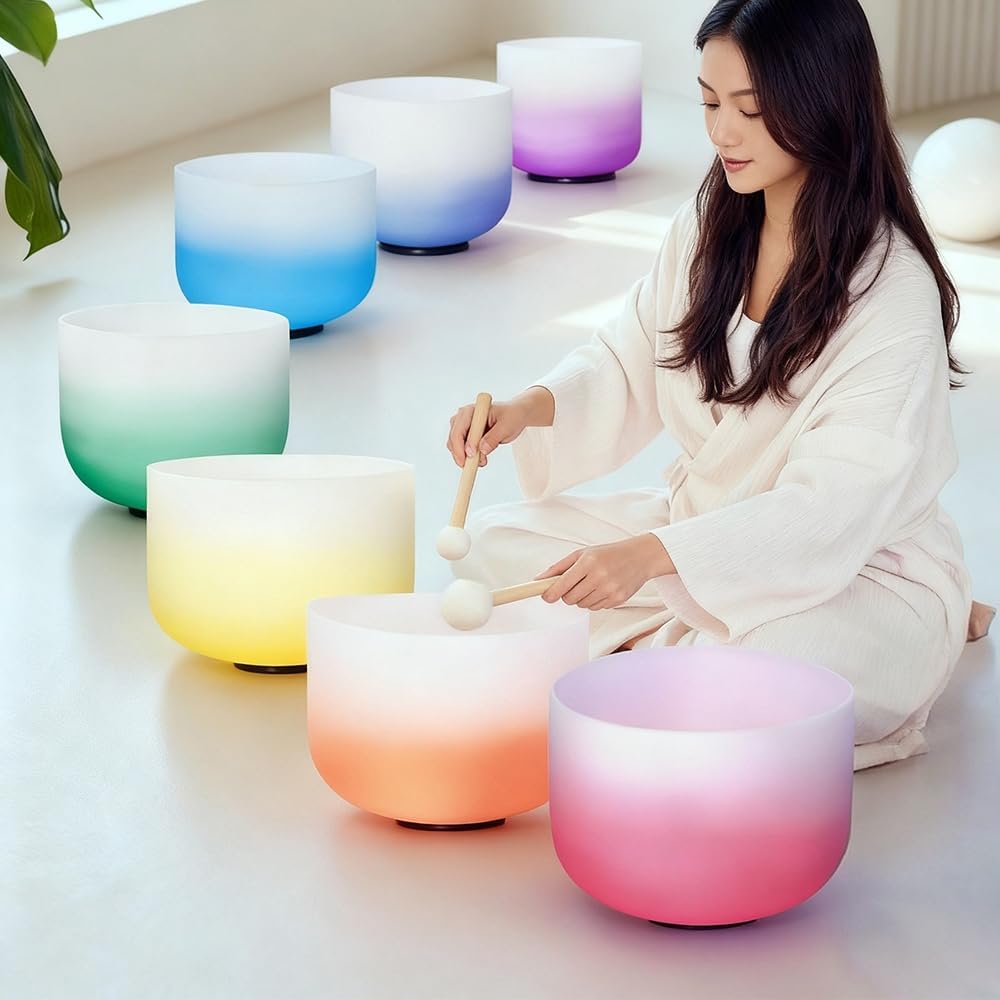 Hye-eun 432hz Kristall Klangschalen Set,6-12 Zoll Farbgradient Crystal Singing Bowl 7 chakren,Medita
