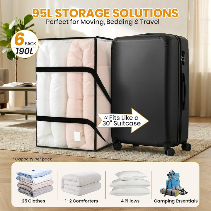 Velway 6 Stück 95L Aufbewahrungstasche, Heavy-Duty Weihnachtslager Transparente Umzugskartons Gross