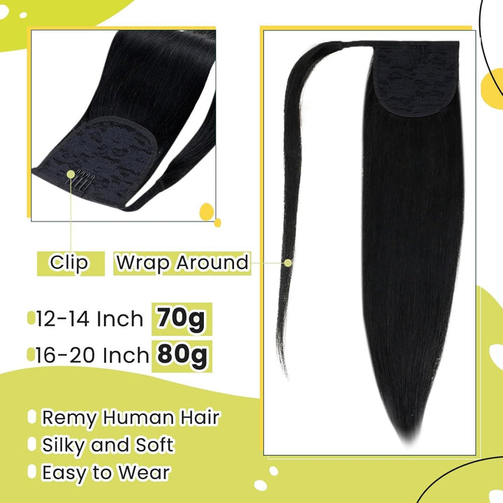 RUNATURE Pferdeschwanz Haarteil Echthaar Schwarz Echte Haare 35cm Lang Ponytail Extension Zopf Gerad