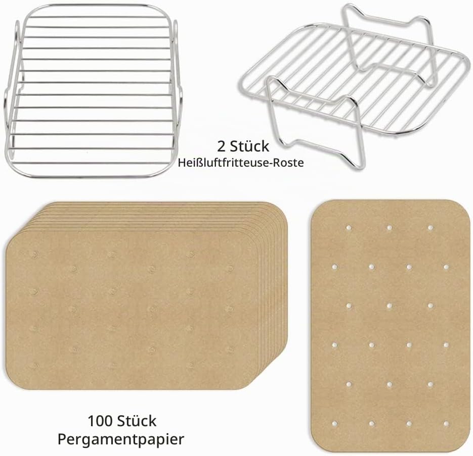 2Stücke 304 Edelstahl Heissluftfritteuse Grillrost mit 100 Stücke Backpapier kompatibel mit Ninja Fo