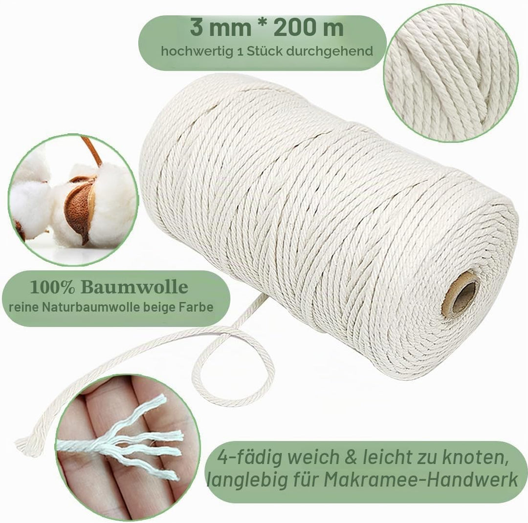 suo long Makramee-Baumwollkordel, 3 mm mit Makramee-Ringen, Makramee-Perlen, 3 mm x 219 m, Makramee-