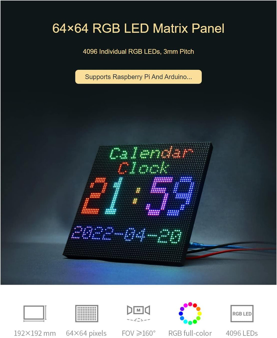 64x64 RGB LED Matrix Panel Full Color for Raspberry Pi/Ardui 192x192 mm 3mm Pitch 4096 LEDs Adjustab