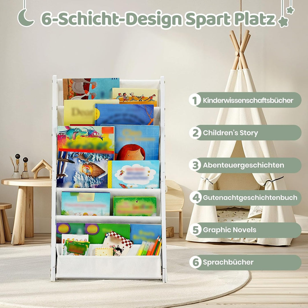 COSYLAND Bücherregal Kinder mit 6 Oxford-Stoff Fächern - Kinderbücherregal aus Naturholz - Bücherreg