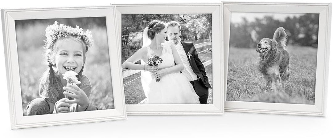 PHOTOLINI Bilderrahmen 10x10 cm Holz Weiss Landhaus-Stil, 3er Set Holz-Rahmen, Made in Germany, Echt