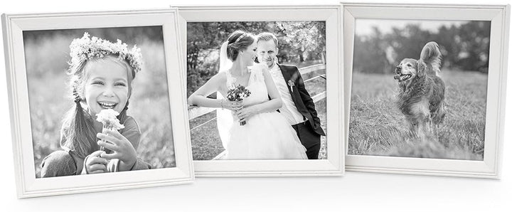 PHOTOLINI Bilderrahmen 10x10 cm Holz Weiss Landhaus-Stil, 3er Set Holz-Rahmen, Made in Germany, Echt