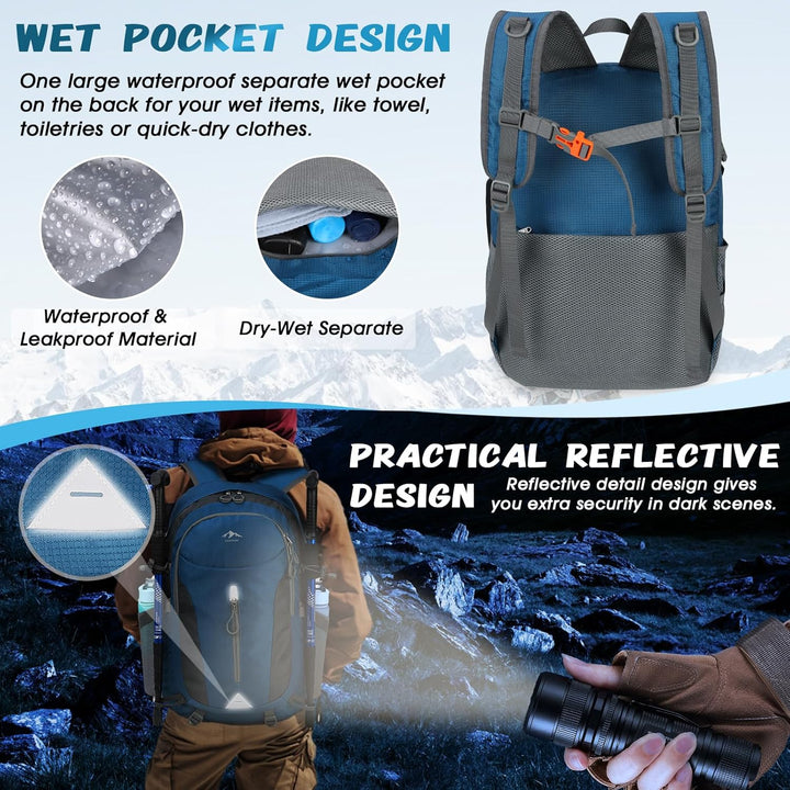 RAINSMORE Wanderrucksack Herren Damen 40L Wasserdichter Rucksack Leichter Faltbarer Reiserucksack Gr