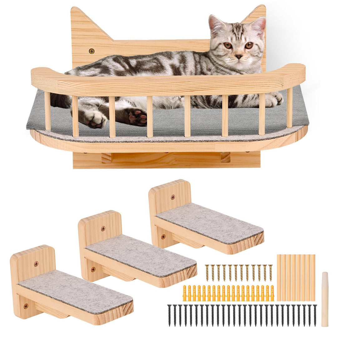 Wandregal für Katzen mit Hängematte und 3 Stufen, Möbel mit grauem Kissen, Regalen und Kleiderbügeln