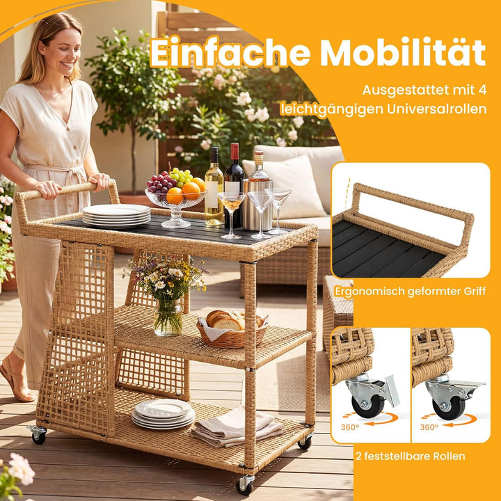 COSTWAY Servierwagen mit Rollen, Rattan Küchenwagen mit Arbeitsplatte & offenen Ablagen & seitlichem