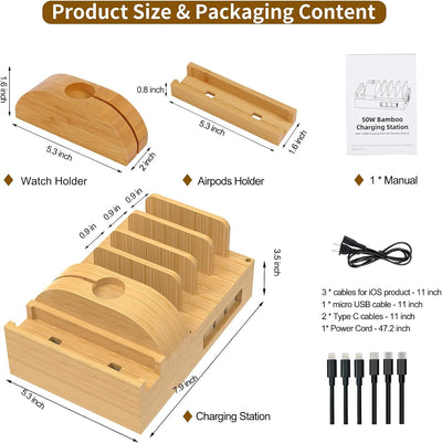 Ladestation für mehrere Geräte, Alltripal Bambus 7-Port Handy Ladestation 50W USB Ladegerät Schnelle