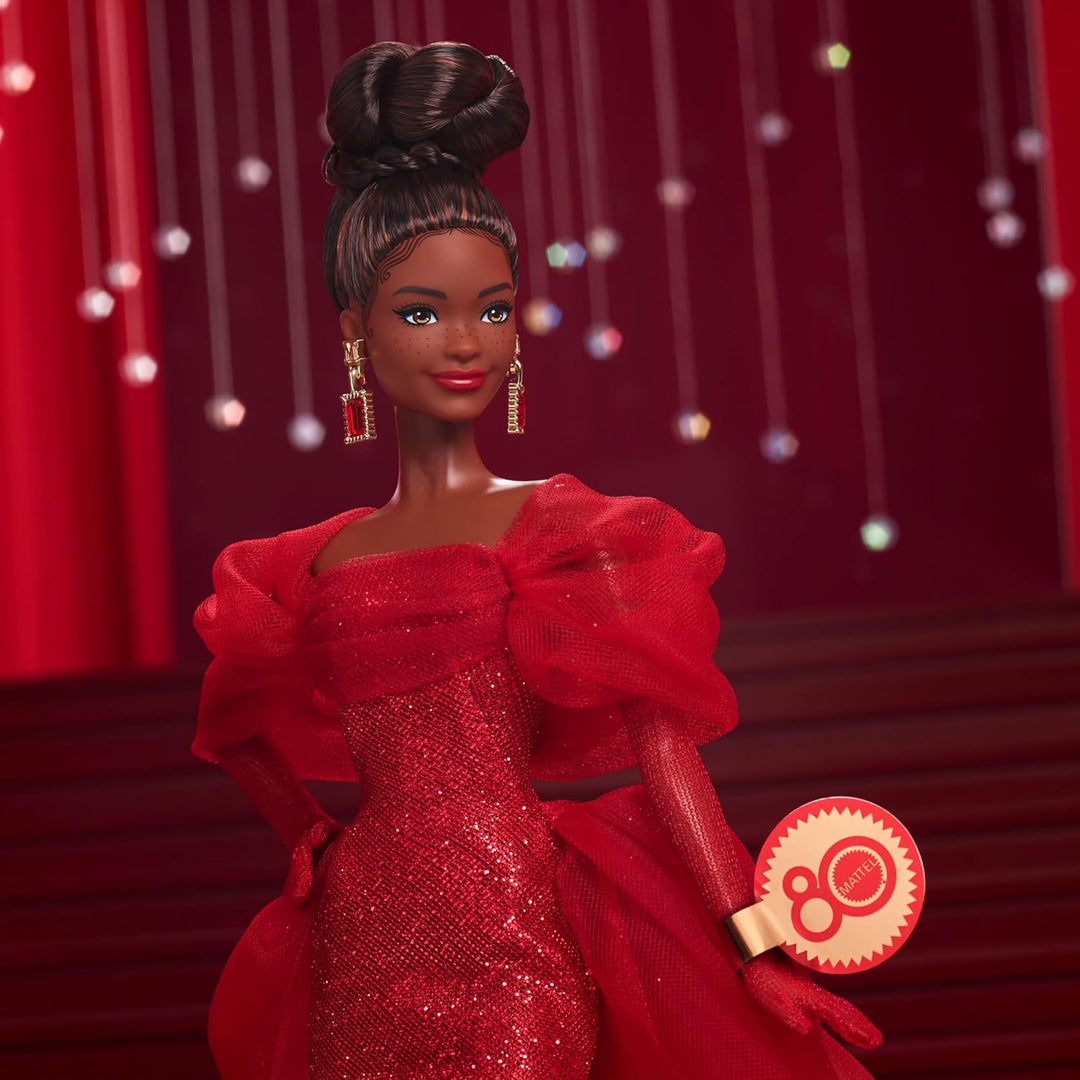 Barbie Signature Puppe, Sammelfigur zum 80. Jubiläum von Mattel in glitzerndem rotem Tüllkleid mit t