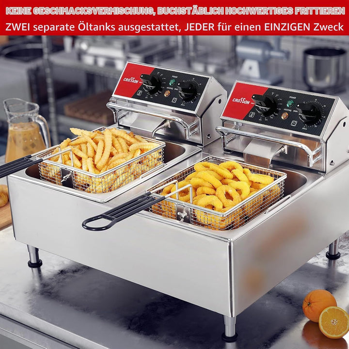 CROSSON 12L Elektrische Fritteuse mit doppeltem Tank und rotierendem Fritteusenkopf, 30-Minuten-Time