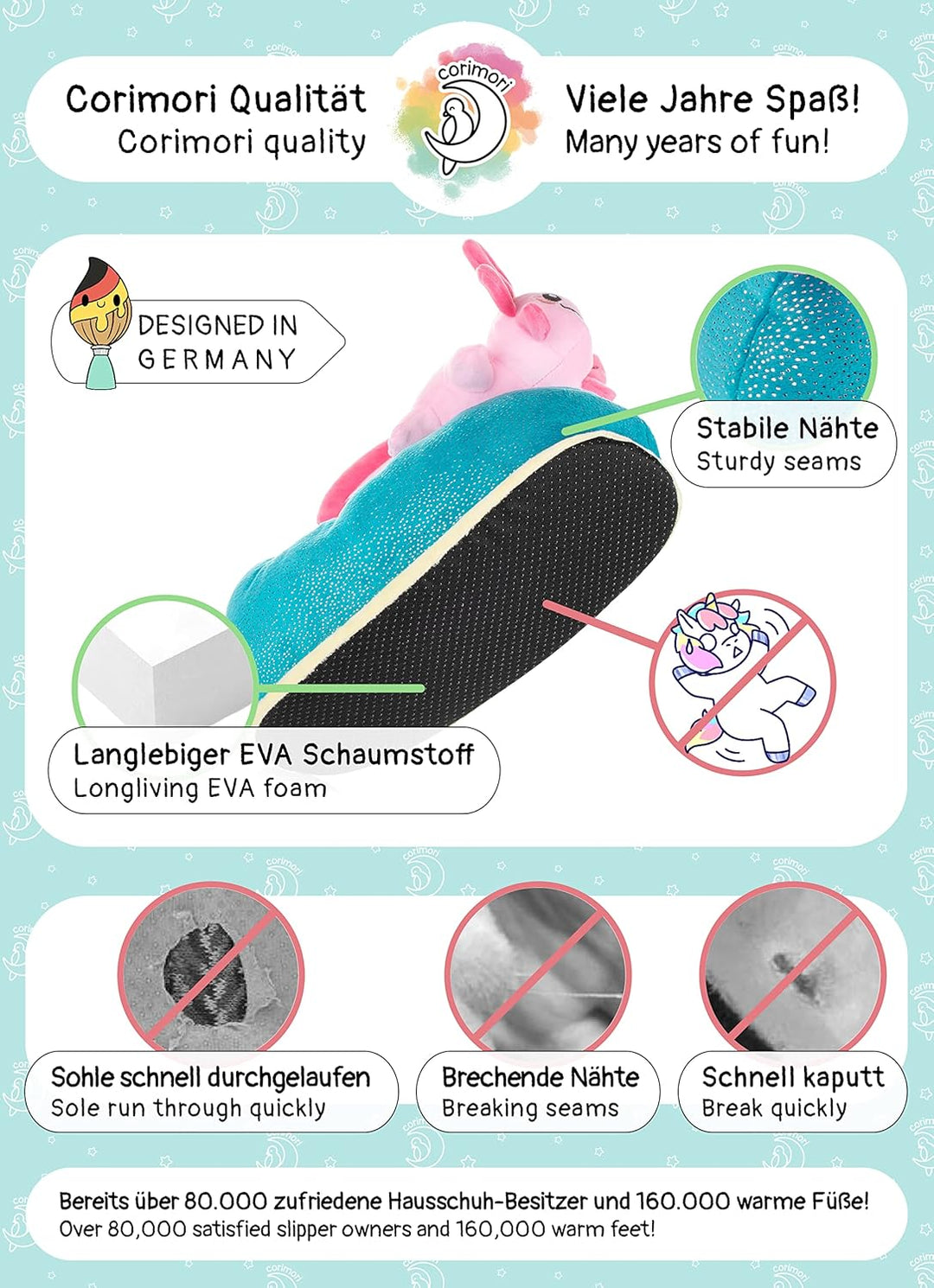 corimori Plüsch-Hausschuhe zwei Einheitsgrössen (Kinder 25-33,5 und Erwachsene 34-44), Gummizug und
