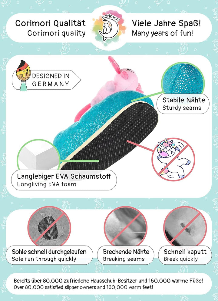 corimori Plüsch-Hausschuhe zwei Einheitsgrössen (Kinder 25-33,5 und Erwachsene 34-44), Gummizug und