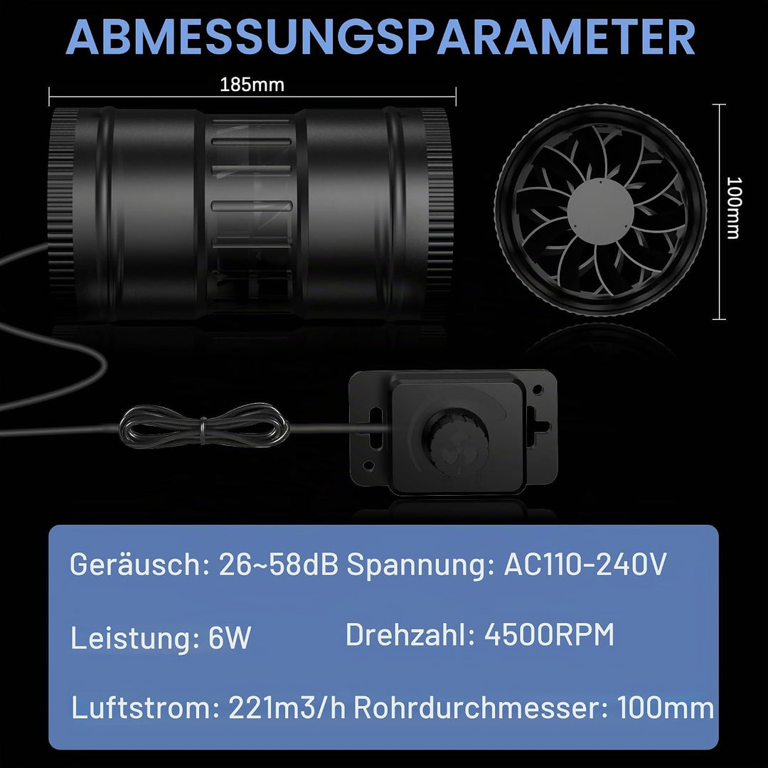 Regelbar Rohrventilator 100mm, Rohrlüfter 221m³/h, Abluftventilator für Badzimmer, Wintergarten, Gew