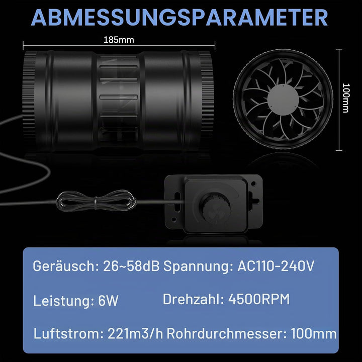 Regelbar Rohrventilator 100mm, Rohrlüfter 221m³/h, Abluftventilator für Badzimmer, Wintergarten, Gew