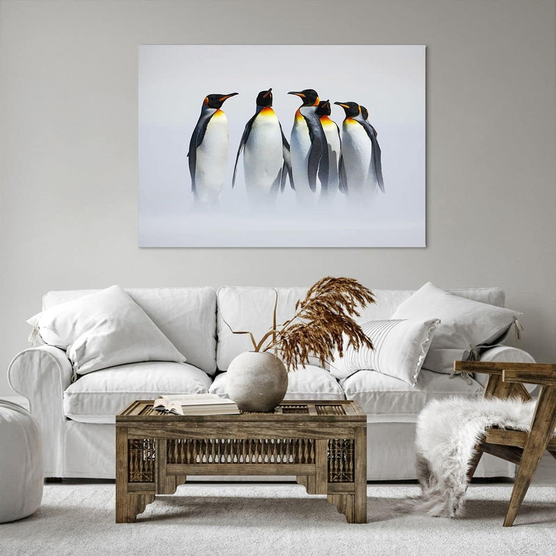 Bilder auf Leinwand 100x70cm Leinwandbild Pinguine Winter Schnee Spaziergang Gross Wanddeko Bild Sch