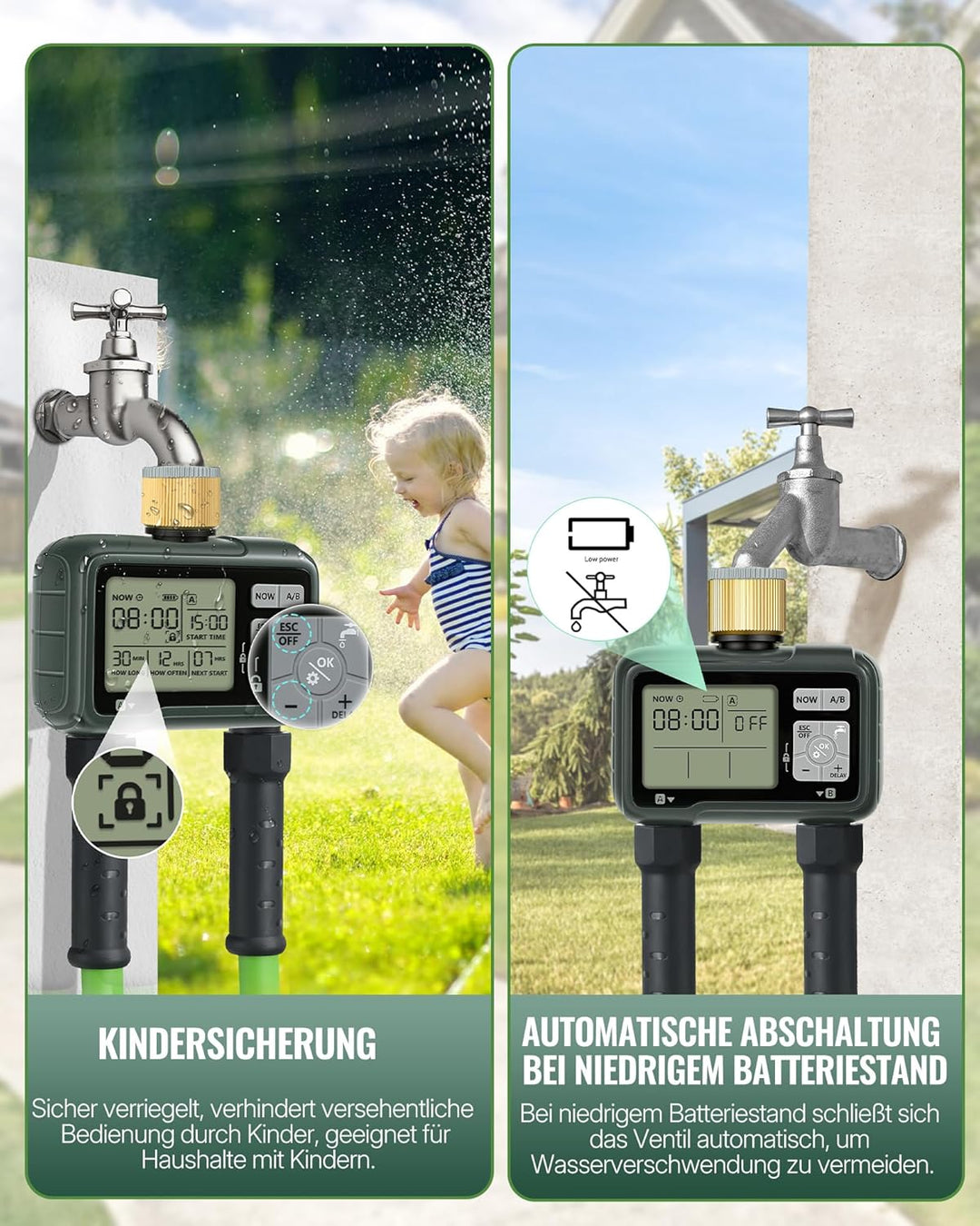 2-Zonen Bewässerungscomputer, Gartenschlauch Zeitschaltuhr Gartenbewässerung, programmierbare Bewäss
