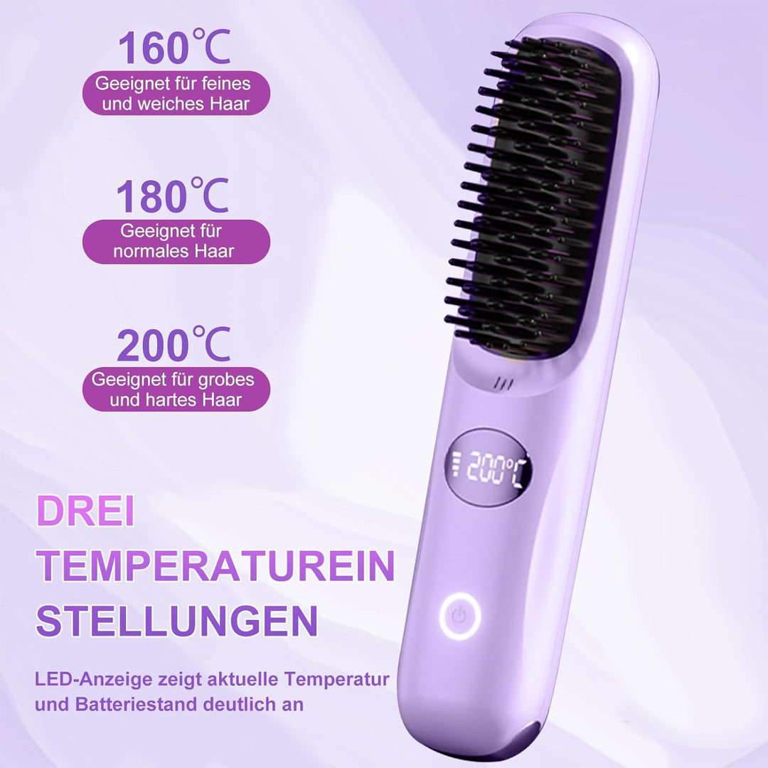 Kabellose Haarglätter Bürste - 3 Temperaturstufen, professionelle Keramikbeschichtung, Ionentechnolo