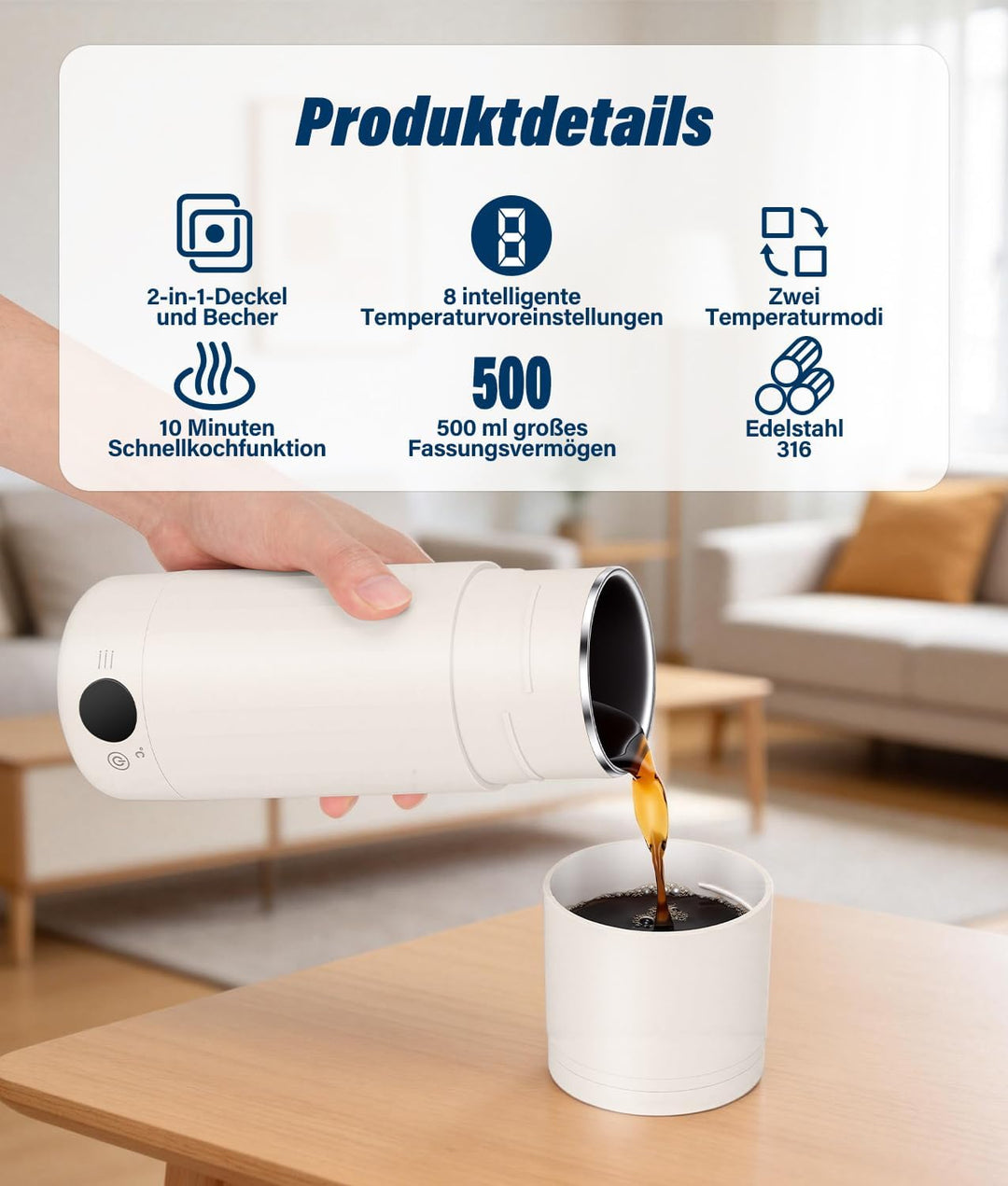 PAHTTO Elektrischer Reisewasserkocher 600ml, Tragbarer Wasserkocher Edelstahl, Schnellkochen und Tem